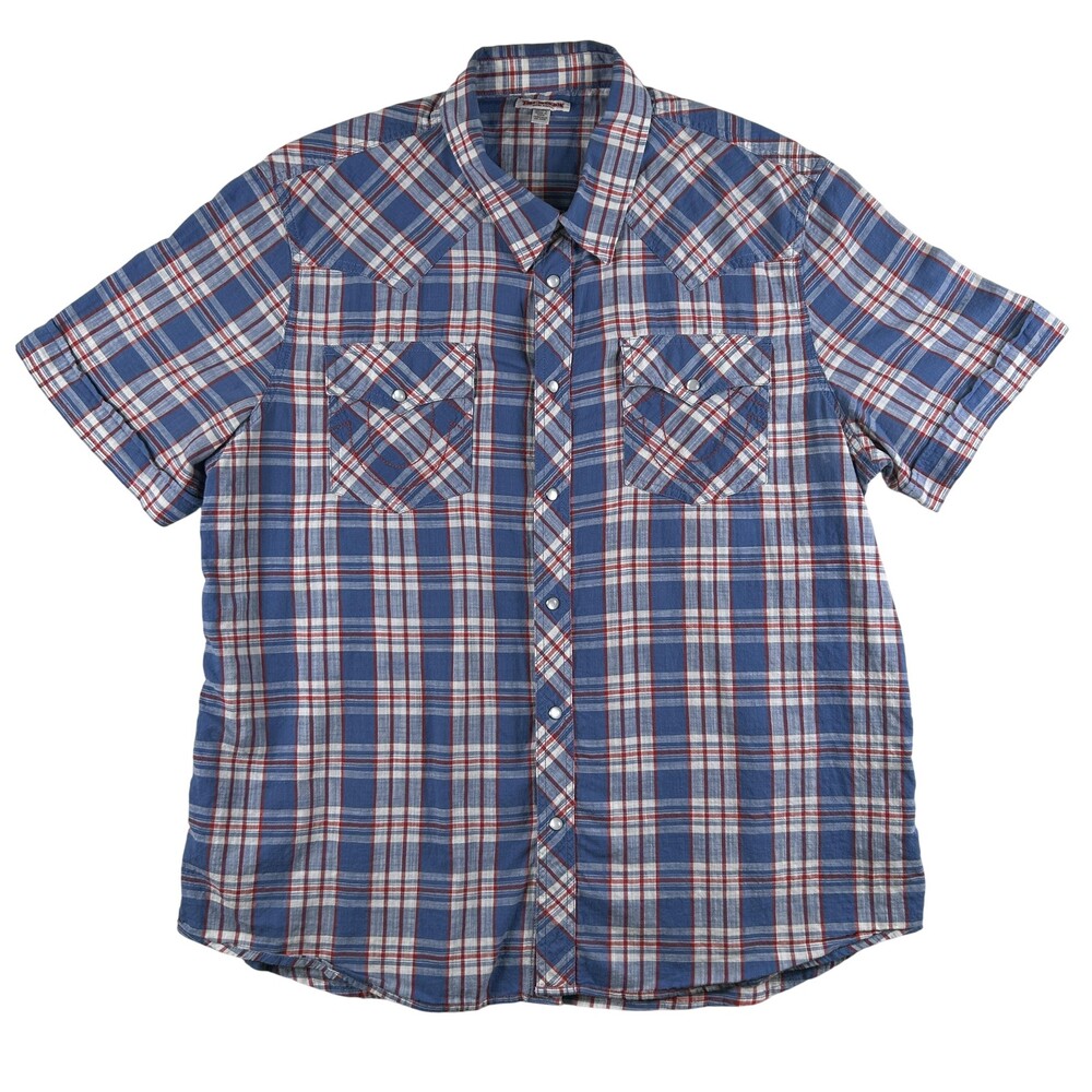 True Religion Shirt Mens 2XL Blue Plaid Short Sleeve Western Snap Casual